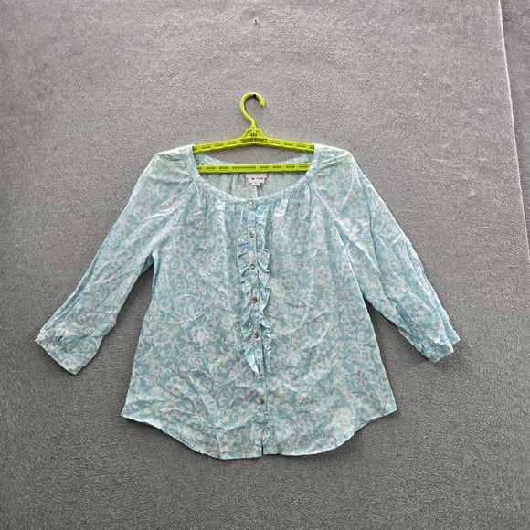 Charter Club Tops - Charter Club Women Blouse L Light Blue Linen Floral Button Ruffle Scoop Neck